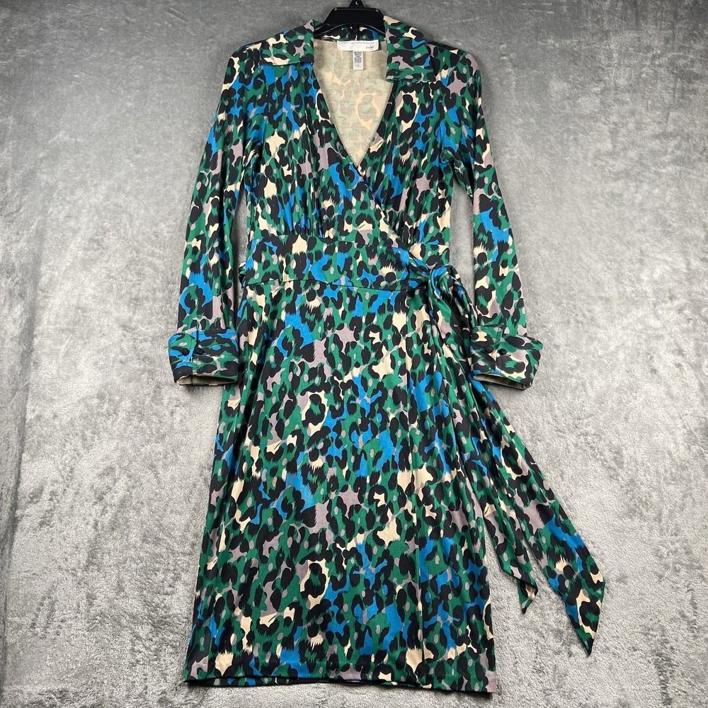 DIANE VON FURSTENBERG Judy Wrap Dress Womens Sz 4 Green Blue Silk Leopard Collar